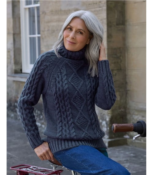 Pullover mit Aran-Zopfmuster und Rollkragen aus reiner Wolle für Damen