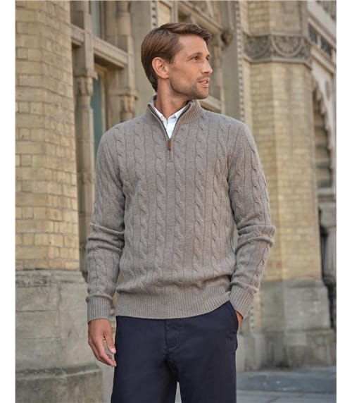 Mens Cashmere Blend Half Zip Cable Jumper