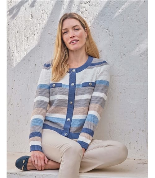 Cotton Striped Textured Crew Cardigan