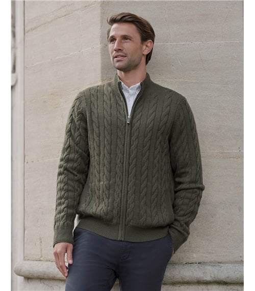 Mens Cashmere Blend Cable Zip Cardigan