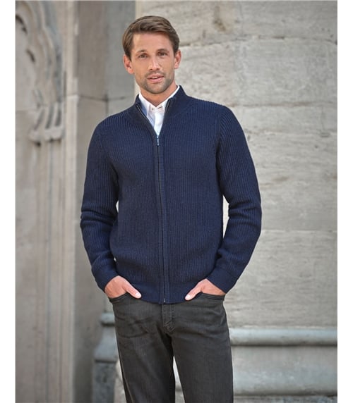 Mens Cashmere Blend Two Tone Ribbed Zip Cardigan