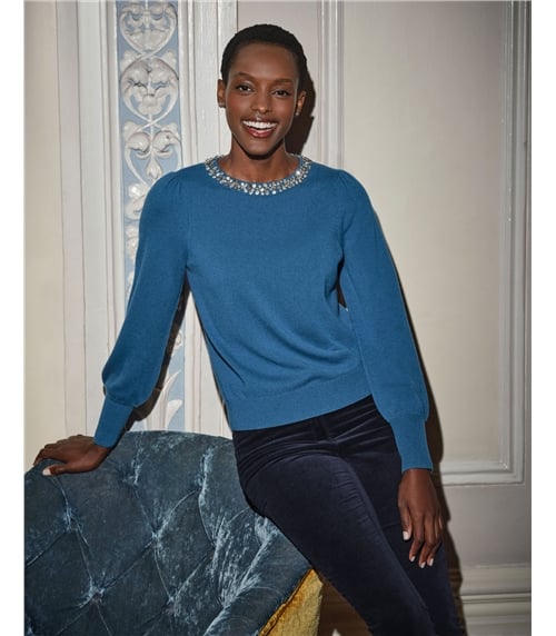 Cashmere Blend Crystal Neck Sweater