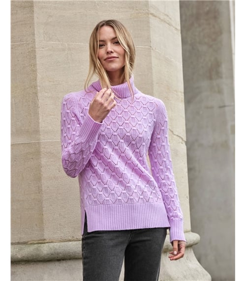 Cashmere Blend Lacy Stitch Roll Neck Jumper