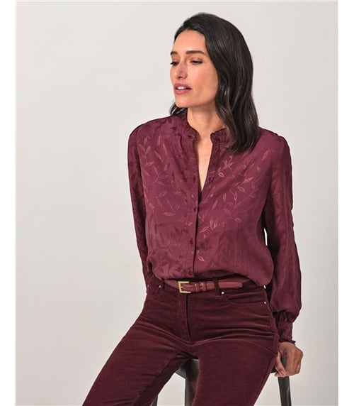 Frill Neck Leaf Jaquard Blouse