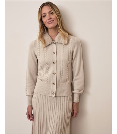 Wool Cashmere Fur Trim Cable Cardigan