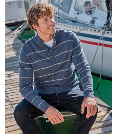 Pullover mit einfarbigem Streifen und Knopfleiste am Hals