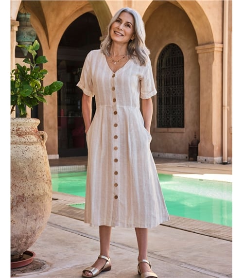 Robe boutonnée en lin à col en V - Femme
