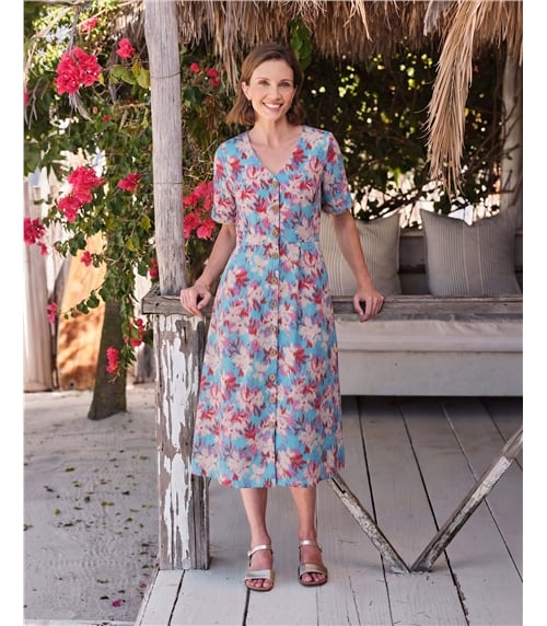 Robe boutonnée en lin à col en V - Femme