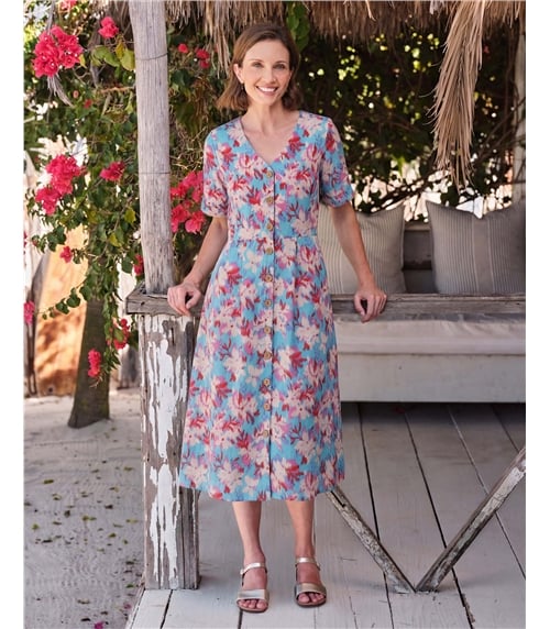 Robe boutonnée en lin à col en V - Femme