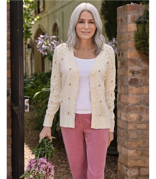 Pointelle-Strickjacke mit gestickten Blumen