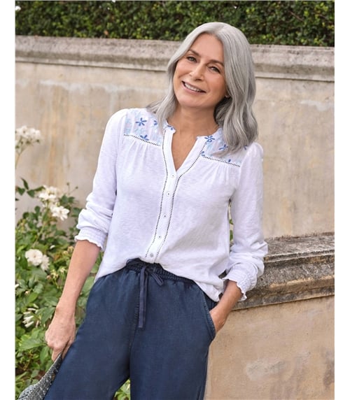 Daisy Embroidered Notch Neck Top