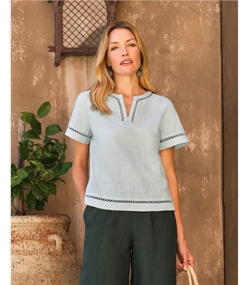 Embroidered Notch Neck Linen Top