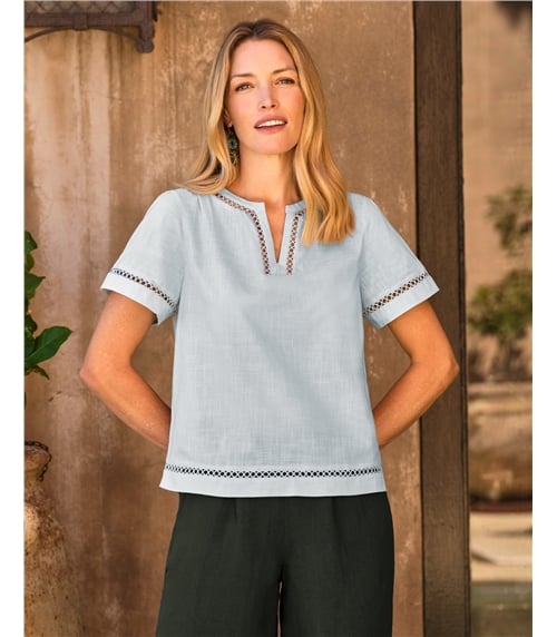 Embroidered Notch Neck Linen Top