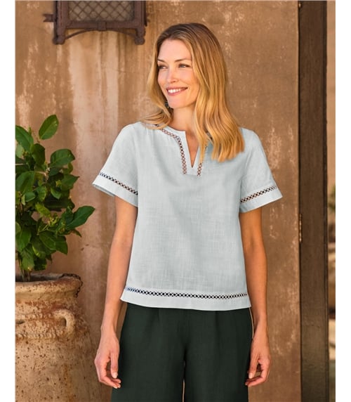 Embroidered Notch Neck Linen Top