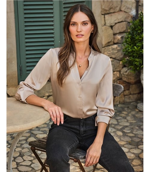Pure Silk Collarless Relaxed Shirt