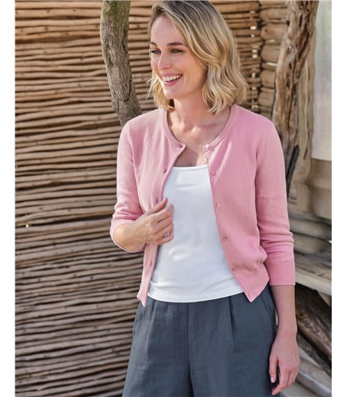 Kurz geschnittene Strickjacke mit 3/4-langen Ärmeln aus Seide und Baumwolle für Damen