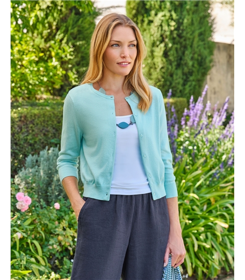 Kurz geschnittene Strickjacke mit 3/4-langen Ärmeln aus Seide und Baumwolle für Damen