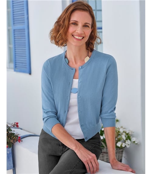 Kurz geschnittene Strickjacke mit 3/4-langen Ärmeln aus Seide und Baumwolle für Damen