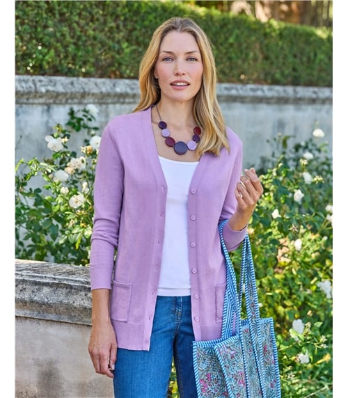 Long-Strickjacke mit V-Ausschnitt aus Baumwolle und Kaschmir