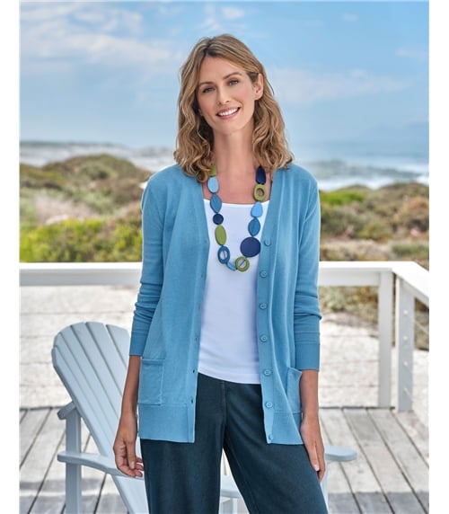 Long-Strickjacke mit V-Ausschnitt aus Baumwolle und Kaschmir