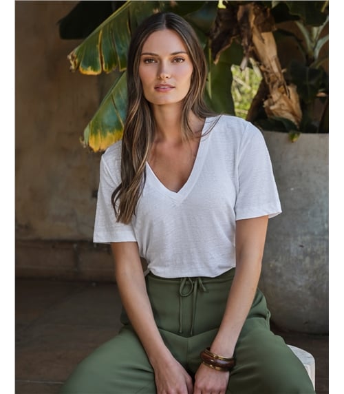 Linen Short Sleeve V Neck T-Shirt