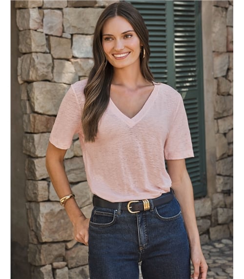 Linen Short Sleeve V Neck T-Shirt