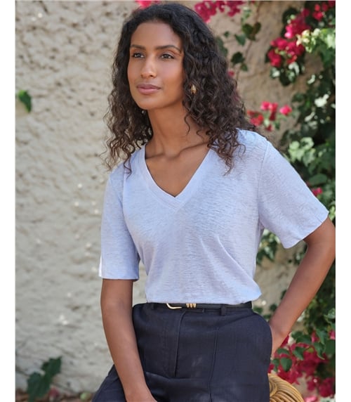 Linen Short Sleeve V Neck T-Shirt