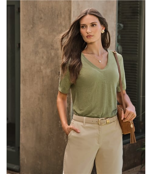 Linen Short Sleeve V Neck T-Shirt