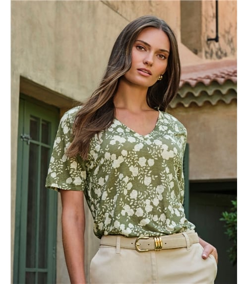 Linen Short Sleeve V Neck T-Shirt