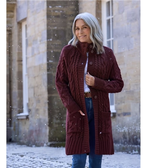 Langstrickjacke mit Aran-Zopfmuster aus reiner Wolle für Damen