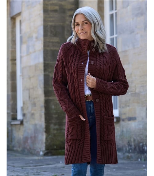 Langstrickjacke mit Aran-Zopfmuster aus reiner Wolle für Damen
