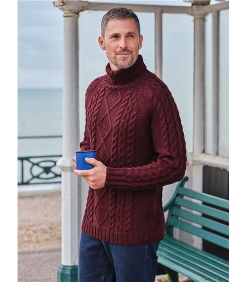 Pure Wool Knitted Aran Polo Neck Jumper