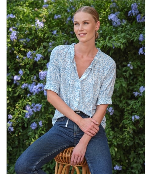 Short Sleeve Tie Frill Neck Blouse