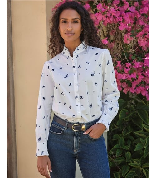 Embroidered Frill Neck Cotton Shirt