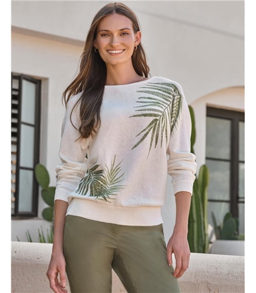 Fern Print Embellished Sweater