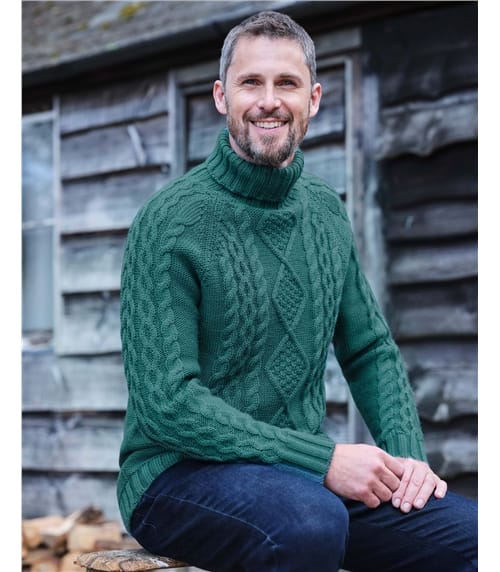 Pure Wool Knitted Aran Polo Neck Jumper