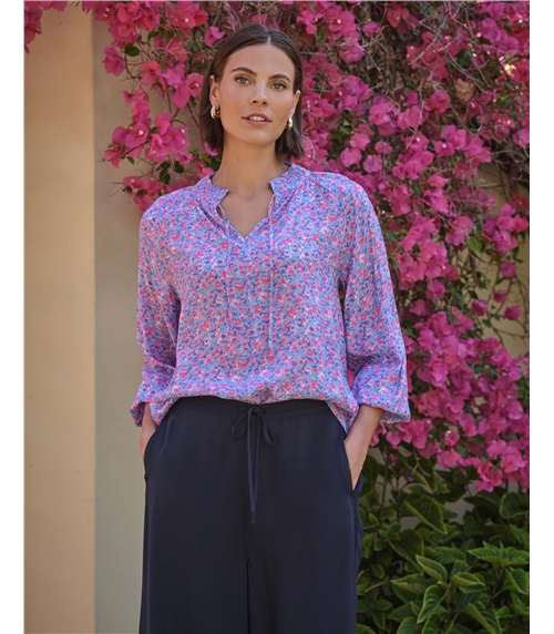 Watercolour Pansy Shirred Neck Blouse