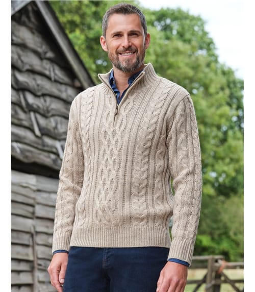 Pullover mit Aran-Zopfmuster und kurzem Reißverschluss aus reiner Wolle für Herren
