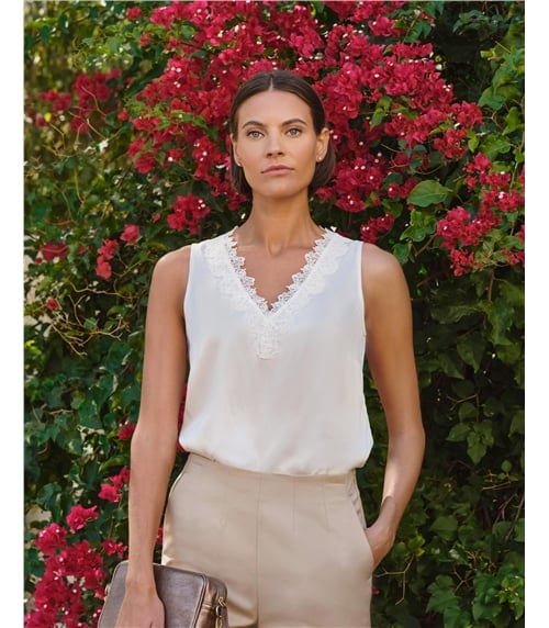 Lace Trim Silk Shell Top