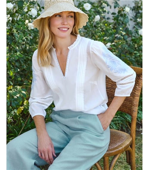 Notch Neck Embroidered Sleeve Top