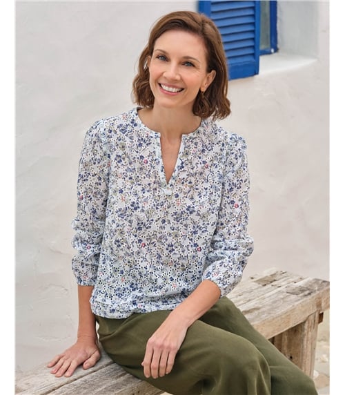 Printed Broderie Notch Neck Top