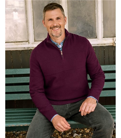 Mens Textured Cotton Zip Jumper