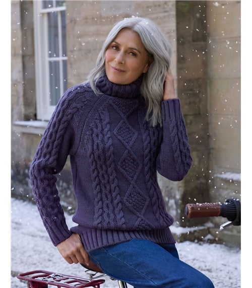 Pullover mit Aran-Zopfmuster und Rollkragen aus reiner Wolle für Damen