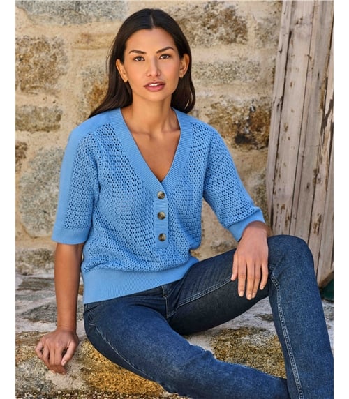 Cotton Mesh Button Neck Top