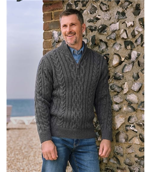 Pure Wool Knitted Aran Cable Zip Neck Jumper