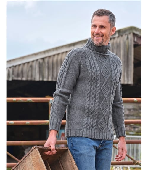 Pure Wool Knitted Aran Polo Neck Jumper