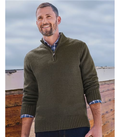 Country-Pullover aus reiner Wolle mit kurzem Reißverschluss für Herren
