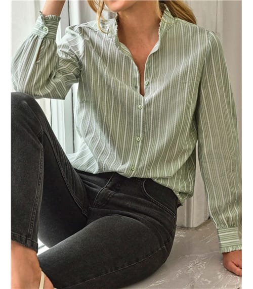 Washed Cotton Poplin Frilled Stand Collar Shirt