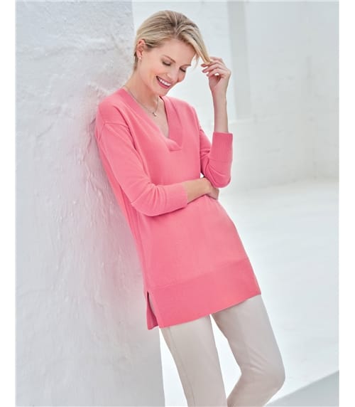 Wool Cashmere V Neck Longline Sweater