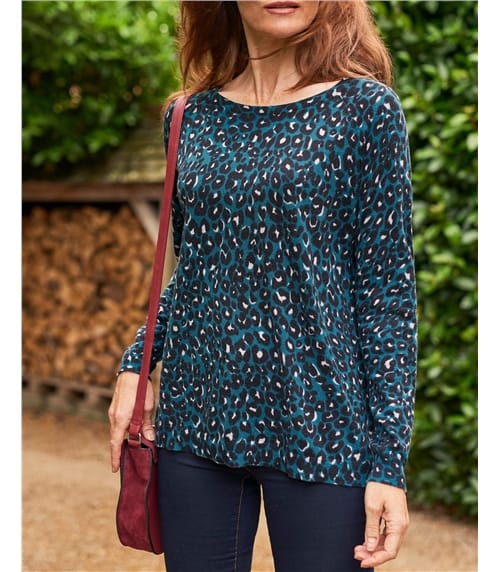Cotton Blend Leopard Print Curved Hem Jumper